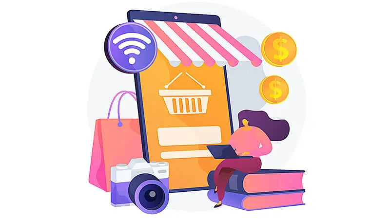 mulher tirando uma etiqueta de um smartphone que é uma loja virtual