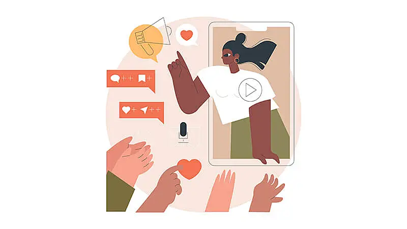 ilustração que mostra uma influenciadora saindo da tela de um smartphone e interagindo com seus seguidores