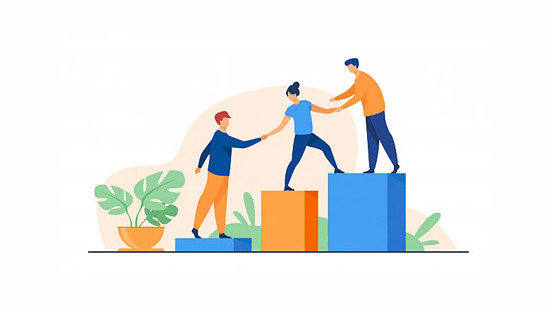 Três pessoas em blocos de alturas diferentes se ajudando a chegar no bloco mais alto