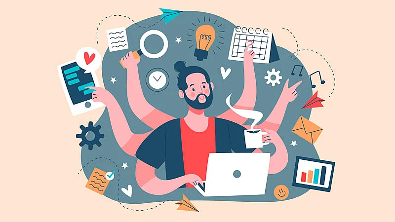 Pessoa trabalhando em um computador com diversos braços representando sua alta produtividade