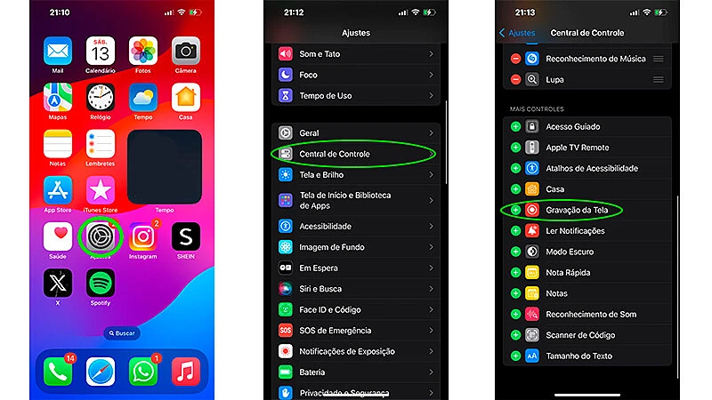 capturas de tela ensinando o passo a passo de como adicionar a função de gravação de tela à central de controle do iPhone