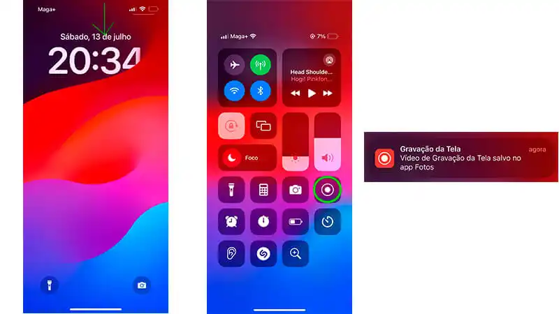capturas de tela ensinando o passo a passo de como começar a gravar a tela do iphone 