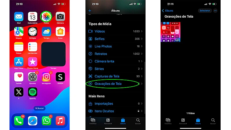 capturas de tela ensinando o passo a passo de como encontrar os arquivos de vídeos das gravações de tela