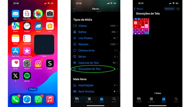 capturas de tela ensinando o passo a passo de como encontrar os arquivos de vídeos das gravações de tela