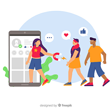 Imagem de uma mulher segurando um imã entrando em um celular e mais duas pessoas andando