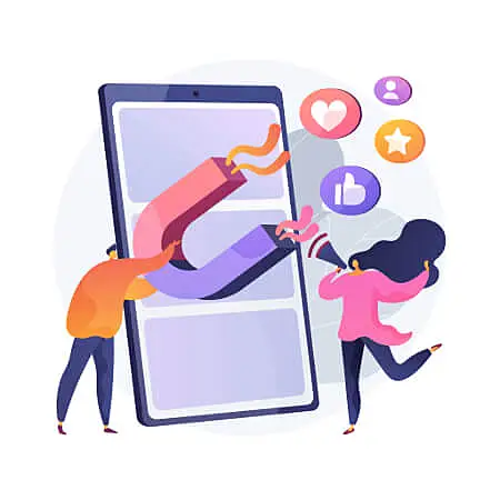 Imagem de um homem segurando um imã e um celular gigante e ícones de like de rede social