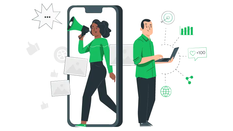 Imagem vetorizada de duas pessoas usando a comunicação para influenciar pessoas