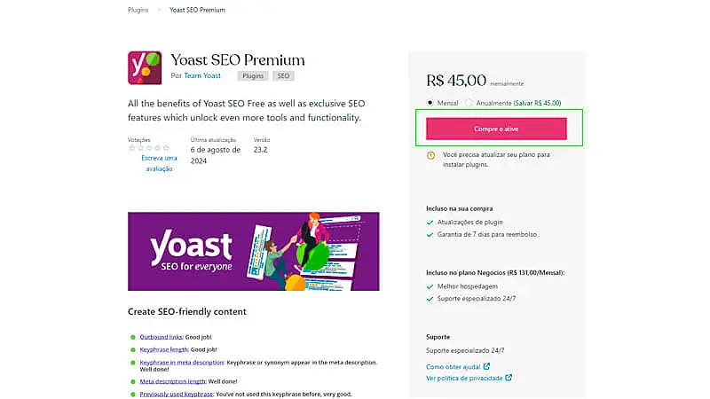 captura de tela que mostra como comprar e ativar um plugin premium no WordPress
