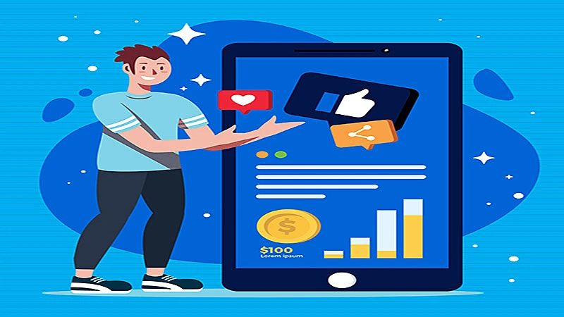 arte de uma pessoa em pé ao lado de um celular gigante com gráficos e ícones de moeda