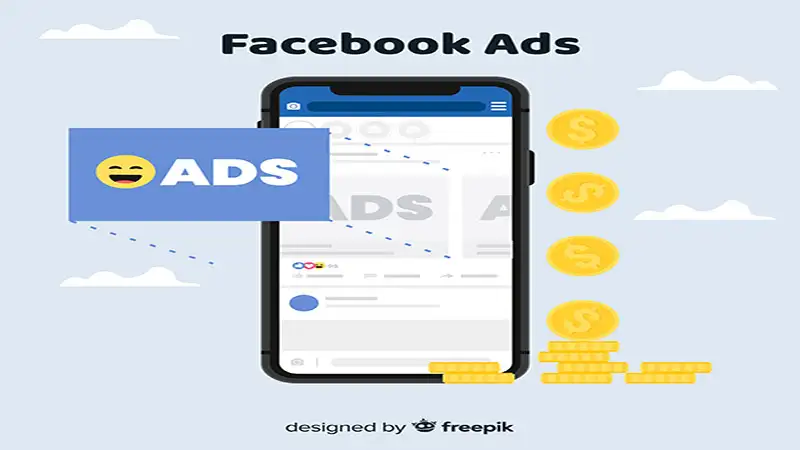 Arte com um celular aberto no facebook e várias moedas do lado do celular
