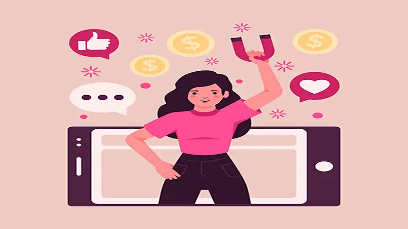 Ilustração de uma mulher dentro de um celular segurando um imã e vários ícones de like e moedas
