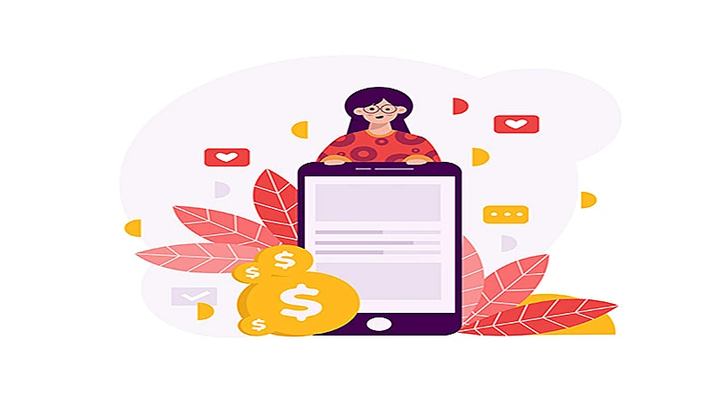 Arte de uma pessoa atras de um celular e várias moedas e ícones de like