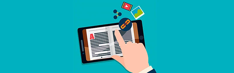 mão passando a página de um ebook em um celular