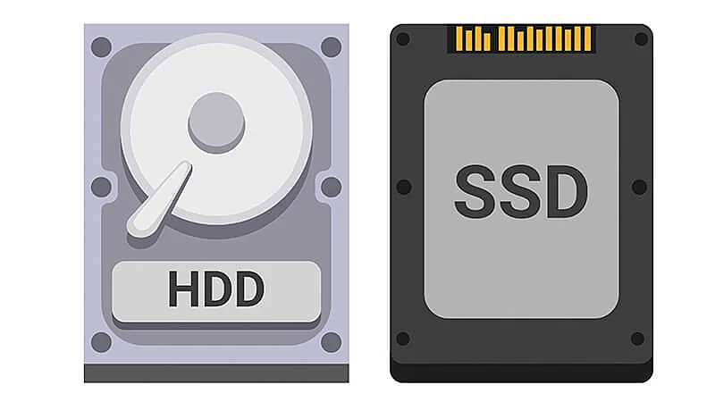 desenho que mostra um comparativo de um HD versus um SSD