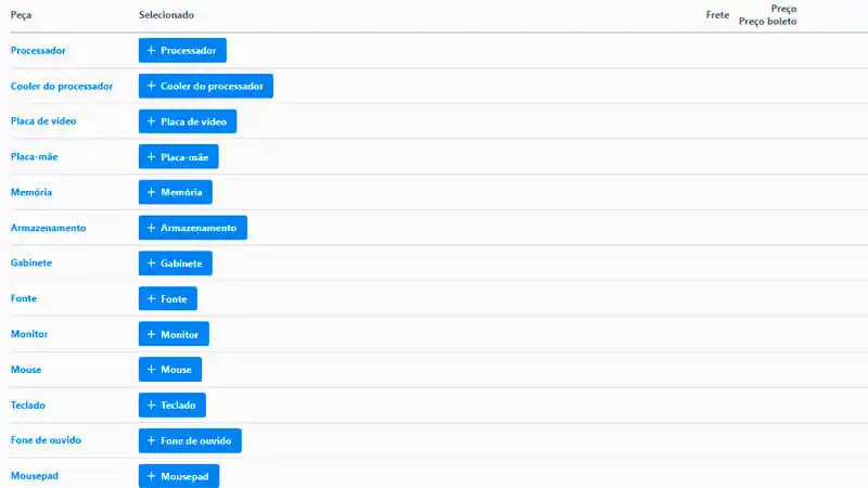 imagem de uma lista de componentes do site MeuPC.net