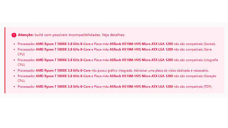 imagem que mostra erros de compatibilidade entre componentes no site MeuPC.net