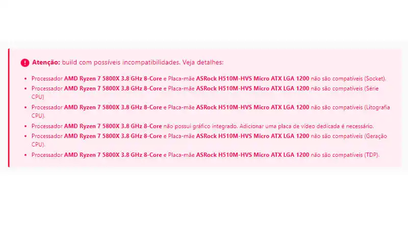 Como Montar um PC Gamer imagem que mostra erros de compatibilidade entre componentes no site MeuPC.net