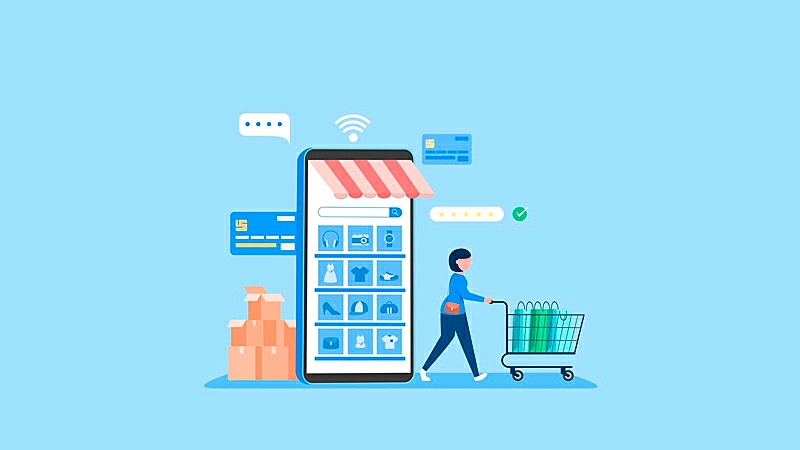 Imagem de um notebook com uma loja online e pessoas com sacolas nas mãos