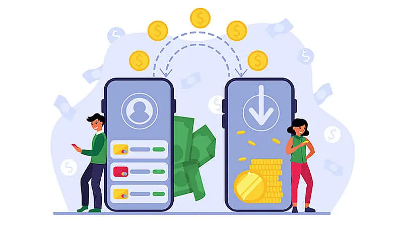 Imagem de duas pessoas apoiadas em celulares enviando dinheiro