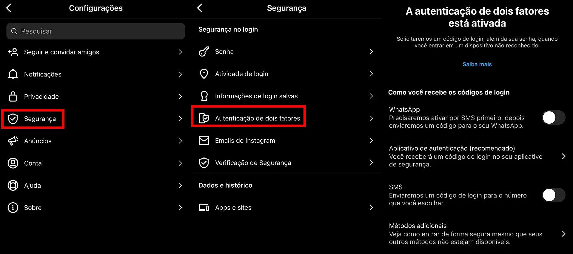 Captura da tela do menu de segurança do Instagram