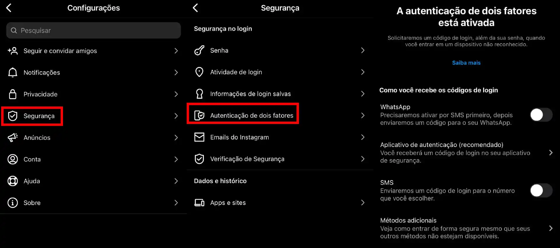 Captura da tela do menu de segurança do Instagram