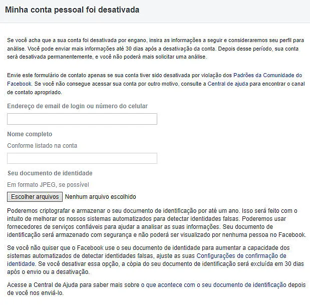 Captura de tela da central de ajuda do Facebook