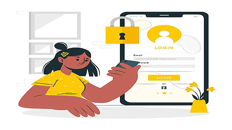 Arte de uma mulher segurando um celular e uma tela de login grande