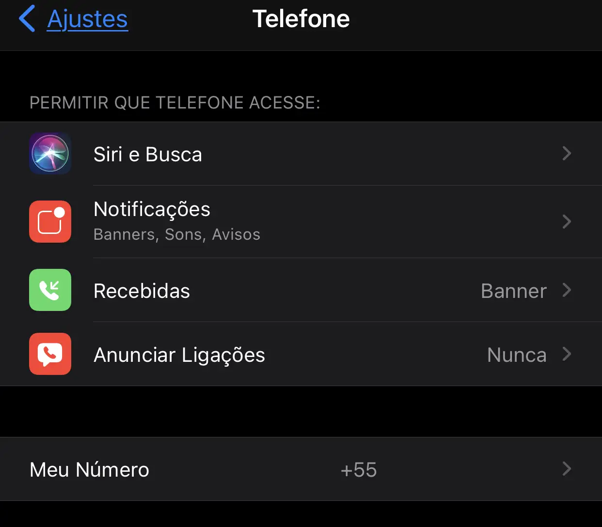 Menu de telefone do iPhone