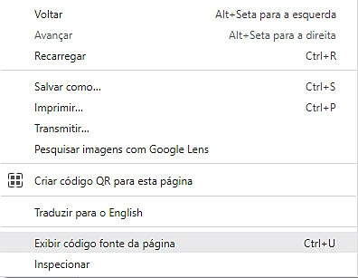 Menu do navegador na pagina do Facebook