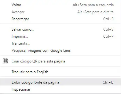 Menu do navegador na pagina do Facebook