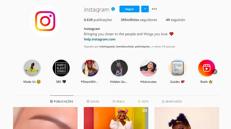 Selo de verificação no perfil oficial do Instagram