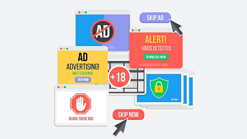 Ilustração de um botão do teclado em vermelho escrito Ads