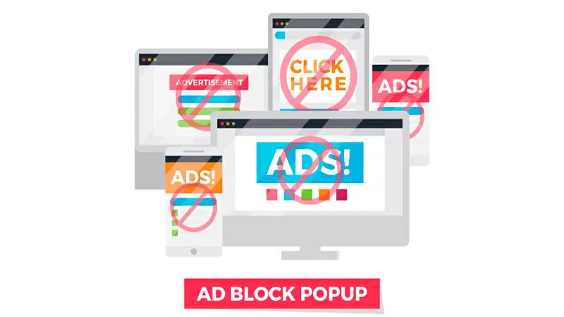 Como tirar anúncio do celular Ilustração de uma placa vermelha com uma mão e diversos banners escrito "Blocked"