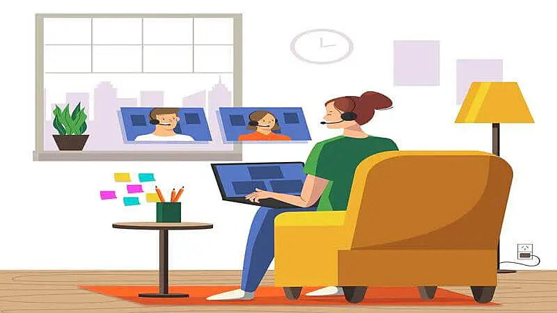 Arte de uma mulher sentada em uma poltrona trabalhando em um notebook