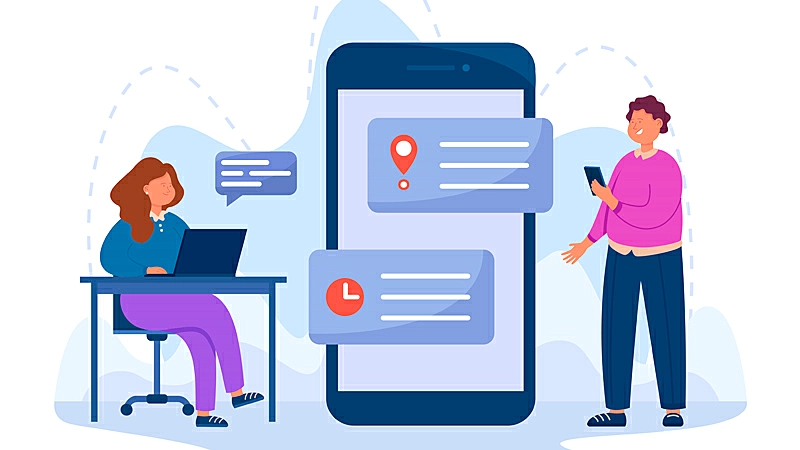 Ilustração de duas pessoas sentadas em cadeiras com celular na mão