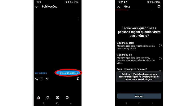 duas capturas de tela que mostram como usar o recurso turbinar publicação do instagram. A da esquerda com o botão de turbinar circulado em vermelho e a segunda um menu de configuração