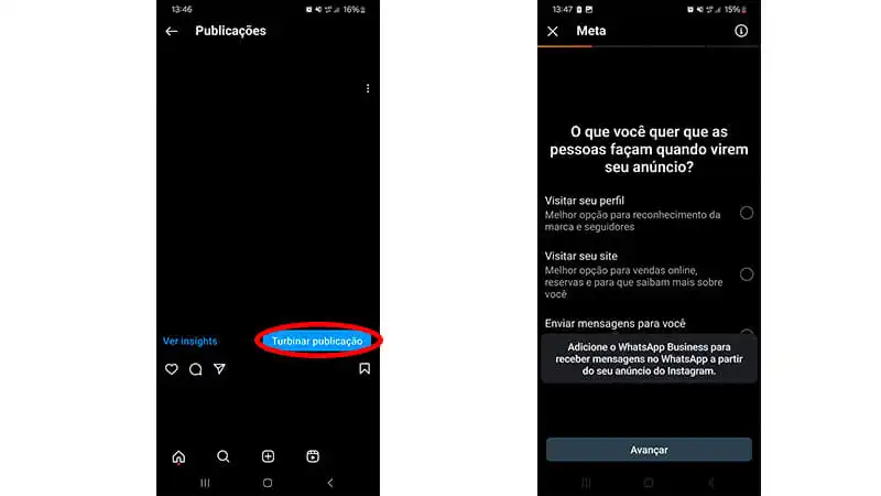 duas capturas de tela que mostram como usar o recurso turbinar publicação do instagram. A da esquerda com o botão de turbinar circulado em vermelho e a segunda um menu de configuração