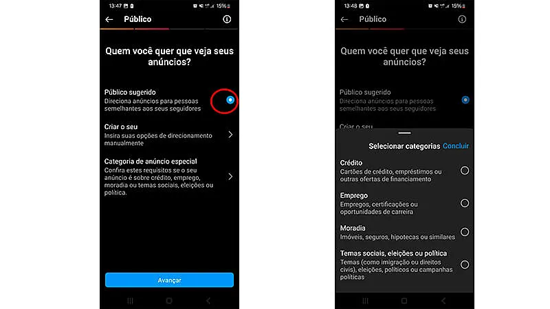 duas capturas de tela mostrando como selecionar o publico que verá seus anúncios