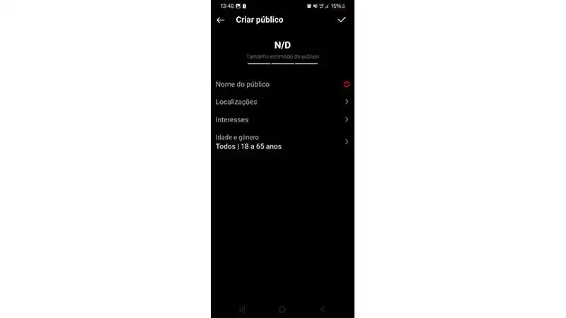 Captura de tela mostrando como preencher a aba "Criar Público"