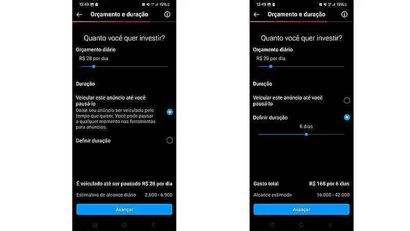 duas capturas de tela de um celular mostrando como configura o orçamento e a duração do anúncio da função turbinar publicação