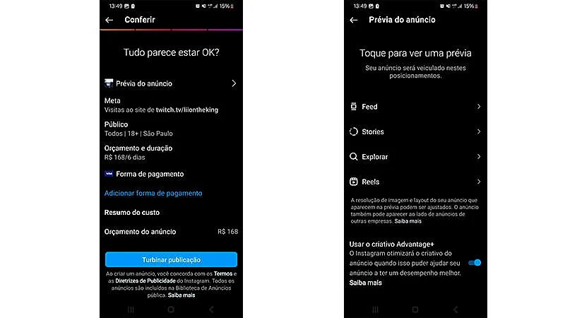 duas capturas de tela de um celular mostrando as páginas de análise e prévia do anúncio