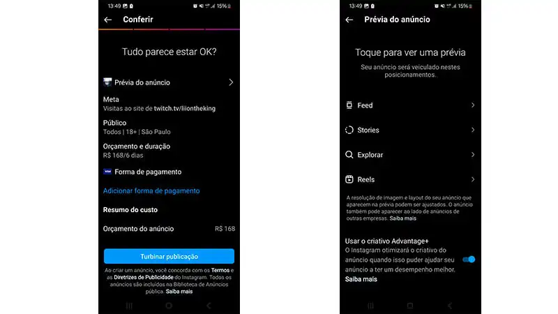 duas capturas de tela de um celular mostrando as páginas de análise e prévia do anúncio