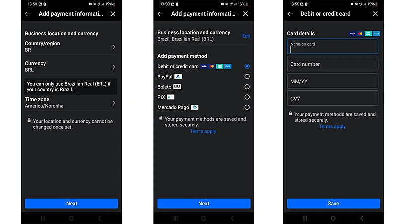 três capturas de tela de um celular mostrando todas as etapas do processo de pagamento da função de turbinar publicação