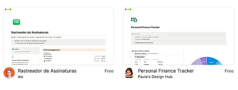 captura de tela mostrando modelos de controle financeiro prontos para serem usados no notion