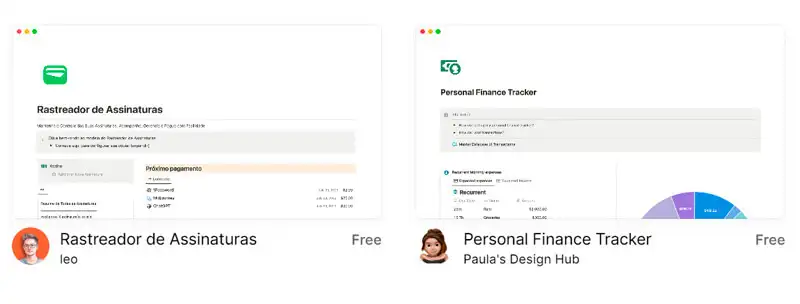 notion templates captura de tela mostrando modelos de controle financeiro prontos para serem usados no notion