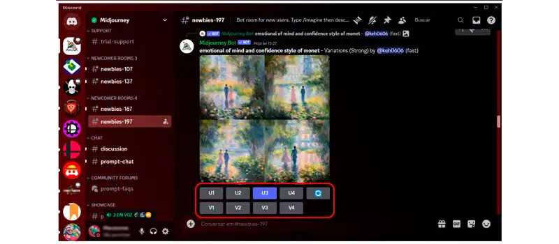 captura de tela mostrando como usar o midjourney no discord indicando os botões U, V e refazer