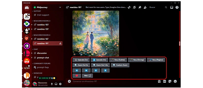 captura de tela mostrando como usar o midjourney no discord indicando os botões de upscale, zoom e custom zoom