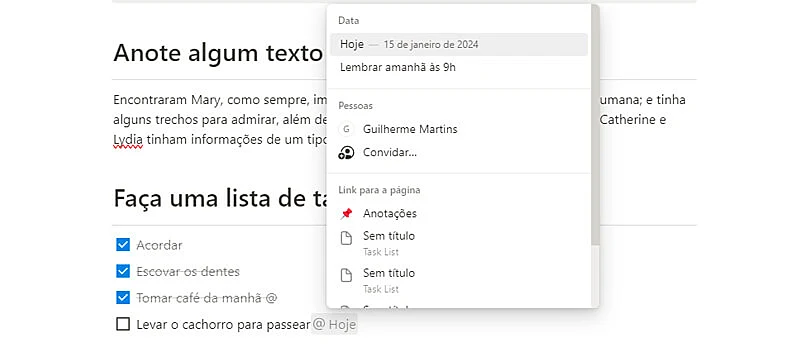 captura de tela mostrando como usar o notion para criar um lembrete a partir do comando @hoje