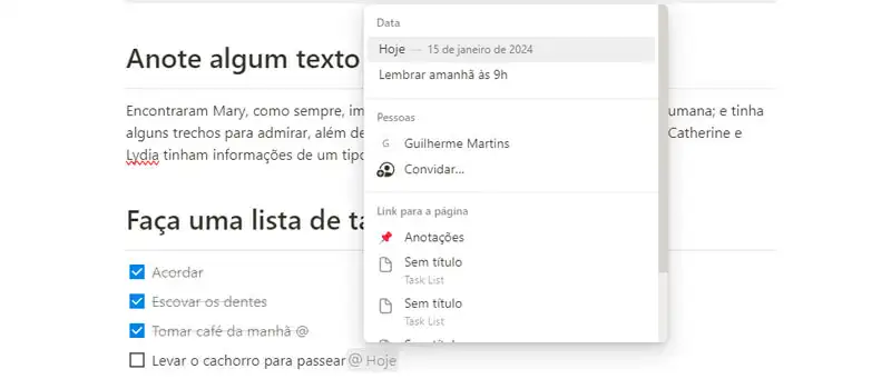 4 captura de tela mostrando como usar o notion para criar um lembrete a partir do comando @hoje