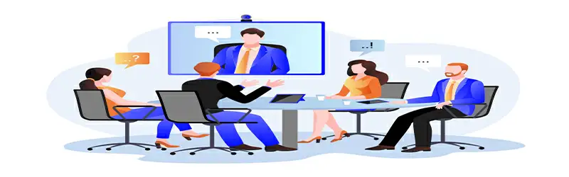 Como usar o Zoom no PC Imagem de um grupo de quatro pessoas em reunião e um quinto integrante participando por vídeo chamada.